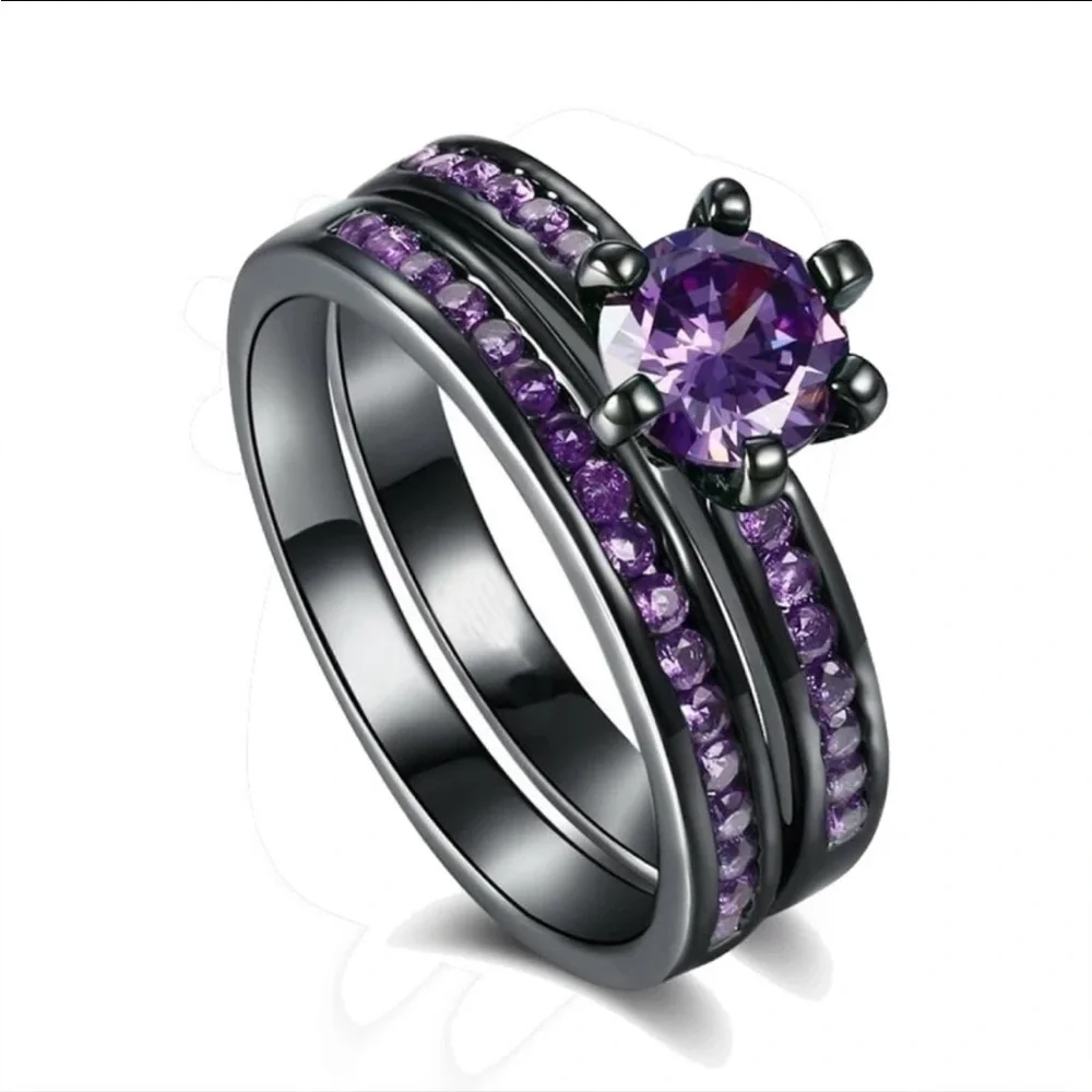 COUPLES MATCHING PURPLE AMETHYST TITANIUM STEEL TUNGSTEN CARBIDE RING SET - Picture 3 of 6